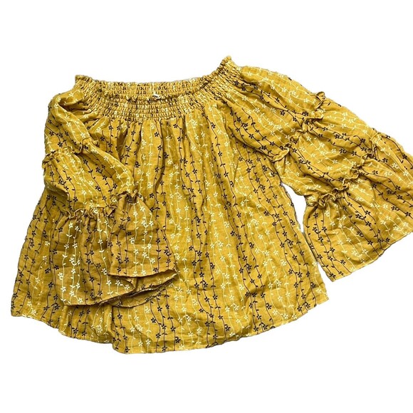 Umgee Crop Top Bell Sleeve Ruffle Pucker Off Shoulder Floral Medium Boho‎ Hippie - Picture 1 of 4